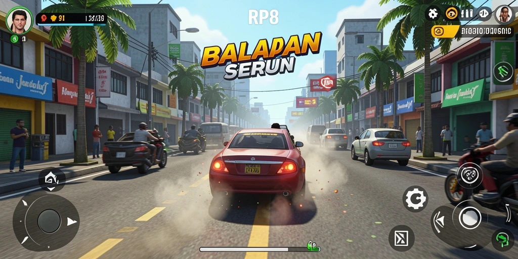 Screenshot gameplay RP8 menunjukkan aksi balapan yang mendebarkan di jalanan.
