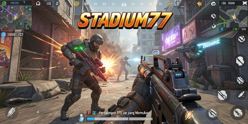 Screenshot STADIUM77 menampilkan aksi tembak-menembak yang intens dan strategis.