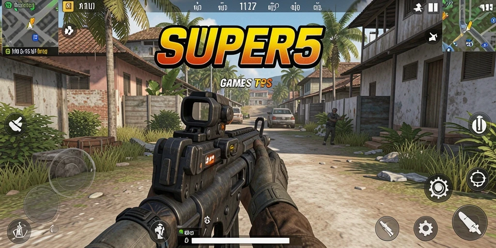 Screenshot gameplay SERU dari SUPER5 yang menampilkan aksi tembak-menembak.